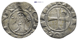 Crusaders, Antioch. Bohemund III (1163-1201). AR Denier (15mm, 0.64 g), c. 1163-1188. Helmeted and mailed head r., cross on helmet; crescent behind, s...