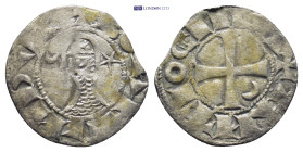 Crusaders, Antioch. Bohemund III (1163-1201). AR Denier (15mm, 0.86 g), c. 1163-1188. Helmeted and mailed head r., cross on helmet; crescent behind, s...