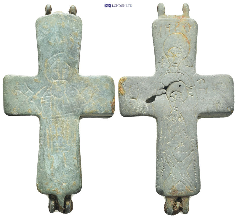 Byzantine. 9th-11th centuries AD. Bronze enkolpion (reliquary cross) (79mm, 39.1...