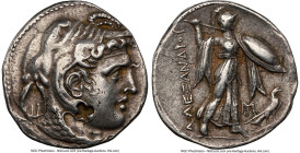 PTOLEMAIC EGYPT. Ptolemy I Soter (305/4-282 BC). AR stater or tetradrachm (28mm, 15.55 gm, 1h). NGC Choice VF 5/5 - 2/5, countermark, overstruck, graf...