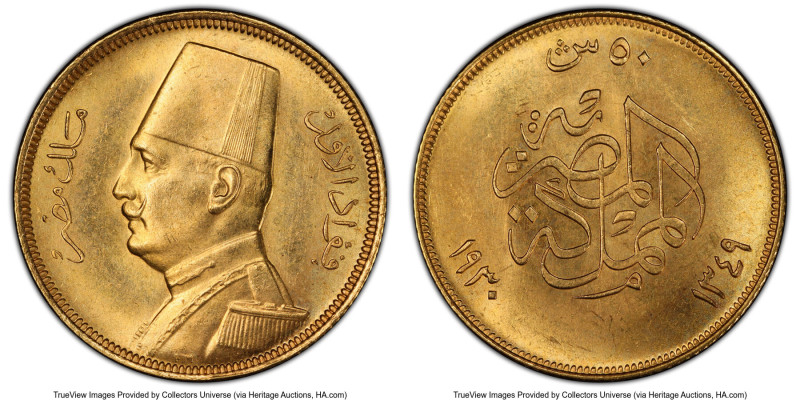 Fuad I gold 50 Piastres AH 1349 (1930) MS64 PCGS, Royal mint, KM353. No finer ce...