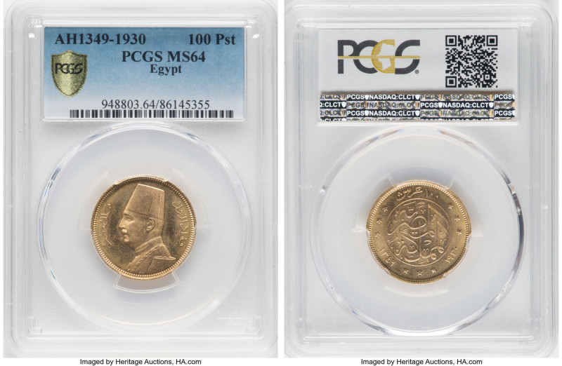Fuad I gold 100 Piastres AH 1349 (1930) MS64 PCGS, Royal mint, KM354. Very diffi...