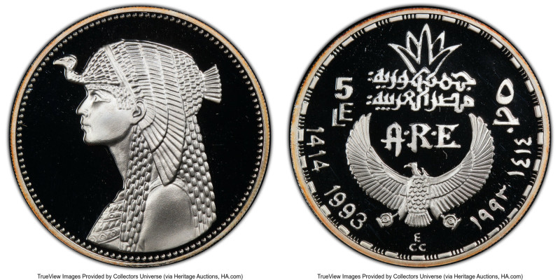 Arab Republic silver Proof "Cleopatra" 5 Pounds AH 1414 (1993) PR69 Deep Cameo P...