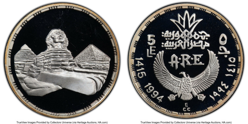 Arab Republic silver Proof "Sphinx & Pyramids" 5 Pounds AH 1414 (1994) PR69 Deep...
