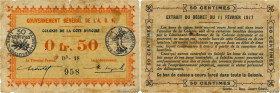 Country : IVORY COAST 
Face Value : 50 Centimes 
Date : 11 février 1917 
Period/Province/Bank : Gouvernement Général de l'A.O.F. 
Catalogue reference ...