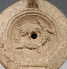 Roman factory oil lamp depicting a lion and a crocodile with makers mark, Type Bussièree D II 1