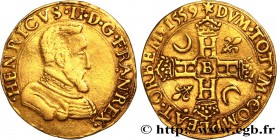 FRANCIS II. COINAGE IN THE NAME OF HENRY II
Type : Double Henri d'or 1er type 
Date : 1559 
Mint name / Town : Rouen 
Quantity minted : 28100 
Me...