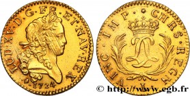 LOUIS XV THE BELOVED
Type : Louis mirliton, palmes longues 
Date : 1724 
Mint name / Town : Bayonne 
Metal : gold 
Millesimal fineness : 917 ‰
D...
