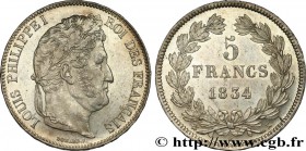 LOUIS-PHILIPPE I
Type : 5 francs IIe type Domard 
Date : 1834 
Mint name / Town : Bordeaux 
Quantity minted : 2155520 
Metal : silver 
Millesima...