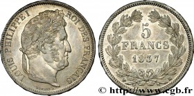 LOUIS-PHILIPPE I
Type : 5 francs IIe type Domard 
Date : 1837 
Mint name / Town : Marseille 
Quantity minted : 776301 
Metal : silver 
Millesima...