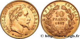 SECOND EMPIRE
Type : 10 francs or Napoléon III, tête laurée 
Date : 1867 
Mint name / Town : Paris 
Quantity minted : 1296234 
Metal : gold 
Mil...