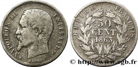 SECOND EMPIRE
Type : 50 centimes Napoléon III, tête nue 
Date : 1863 
Mint name / Town : Strasbourg 
Quantity minted : 137011 
Metal : silver 
M...