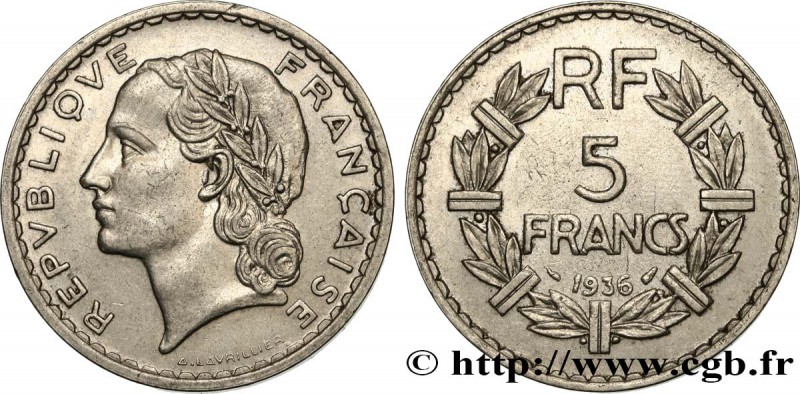 III REPUBLIC
Type : 5 francs Lavrillier, nickel 
Date : 1936 
Quantity minted...