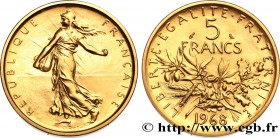 V REPUBLIC
Type : Piéfort or de 5 francs Semeuse 
Date : 1968 
Mint name / Town : Paris 
Quantity minted : 50 
Metal : gold 
Millesimal fineness...