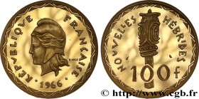 NEW HEBRIDES
Type : Piéfort 100 francs Or 
Date : 1966 
Mint name / Town : Paris 
Quantity minted : 50 
Metal : gold 
Millesimal fineness : 920 ...