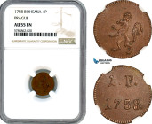 Austria, Bohemia, 1 Pfennig 1758, Prague Mint, Her-1711, Very rare as a type and condition, NGC AU55 BN, Top Pop and single finest graded!