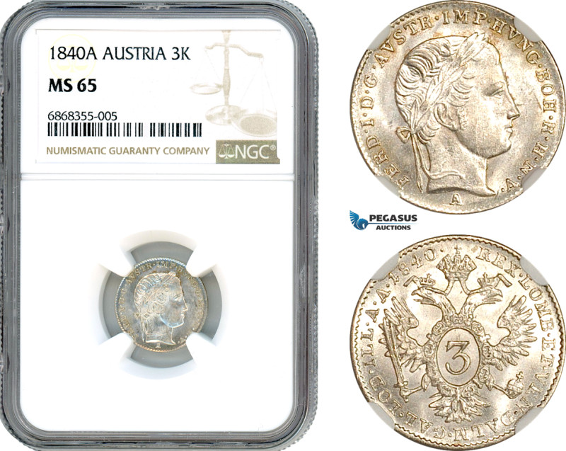 Austria, Ferdinand I, 3 Kreuzer 1840 A, Vienna Mint, Silver, KM# 2191, Blast whi...