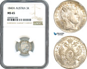 Austria, Ferdinand I, 3 Kreuzer 1840 A, Vienna Mint, Silver, KM# 2191, Blast white!, rare condition, NGC MS65