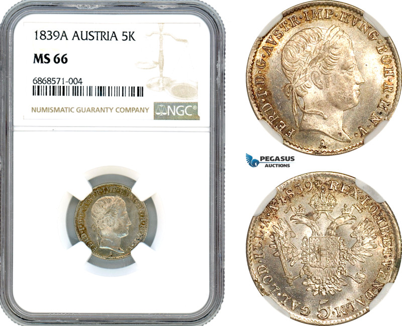 Austria, Ferdinand I, 5 Kreuzer 1839 A, Vienna Mint, Silver, KM# 2196, Light ton...