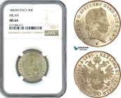 Austria, Ferdinand I, 20 Kreuzer 1845 M, Milan Mint, Silver, KM# 2208, Light toning, rare condition, NGC MS64