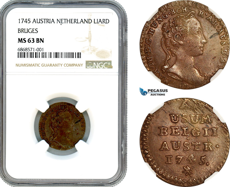 Austrian Netherlands, Maria Theresa, 1 Liard 1745, Bruges Mint, Her-2077, Except...