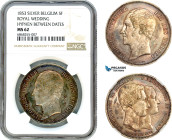 Belgium, Leopold I, 5 Francs 1853, Royal Wedding (Hyphen between dates), Brussels Mint, Silver, Dupr. 540, Old cabinet toning, NGC MS62