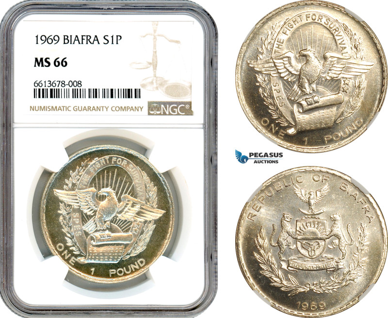 Biafra, 1 Pound 1969, Silver, KM# 6, Fully reflective fields, Light toning, NGC ...