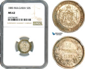 Bulgaria, Alexander I, 50 Stotinki 1883, St. Petersburg Mint, Silver, KM# 6, Light champagne toning, NGC MS62