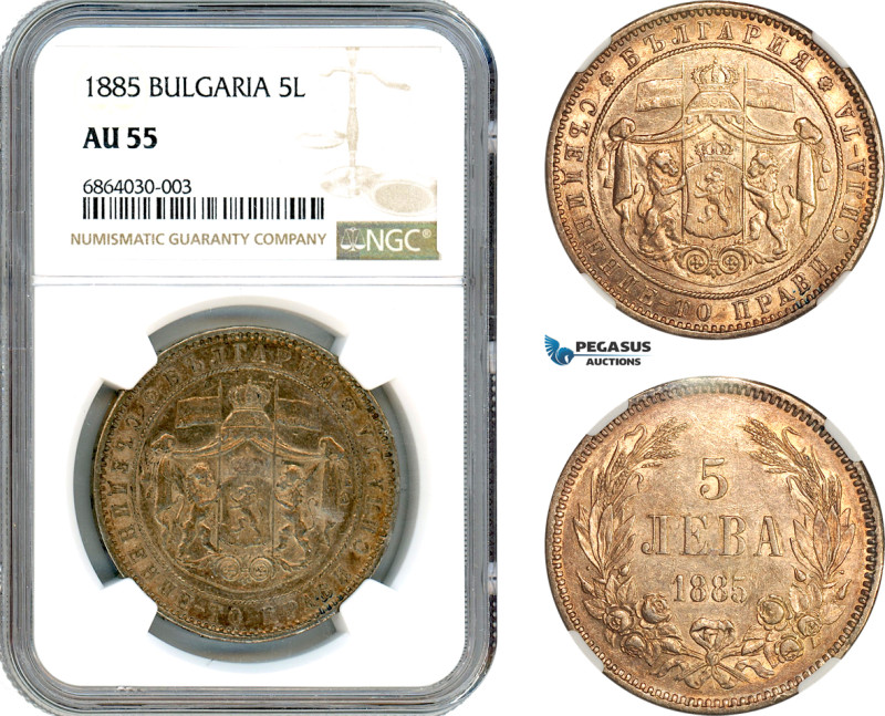 Bulgaria, Alexander I, 5 Leva 1885, St. Petersburg Mint, Silver, KM# 15, Old cab...