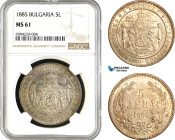 Bulgaria, Alexander I, 5 Leva 1885, St. Petersburg Mint, Silver, KM# 15, Light toning, NGC MS61, Rare grade!