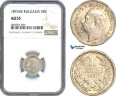 Bulgaria, Ferdinand I, 50 Stotinki 1891 KB, Kremnica Mint, Silver, KM# 12, Light toning, NGC AU55