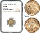Bulgaria, Ferdinand I, 50 Stotinki 1891 KB, Kremnica Mint, Silver, KM# 12, Multicolour toning, NGC AU58