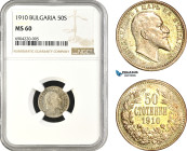 Bulgaria, Ferdinand I, 50 Stotinki 1910, Kremnica Mint, Silver, KM# 27, Blast white!, Prooflike fields, NGC MS60