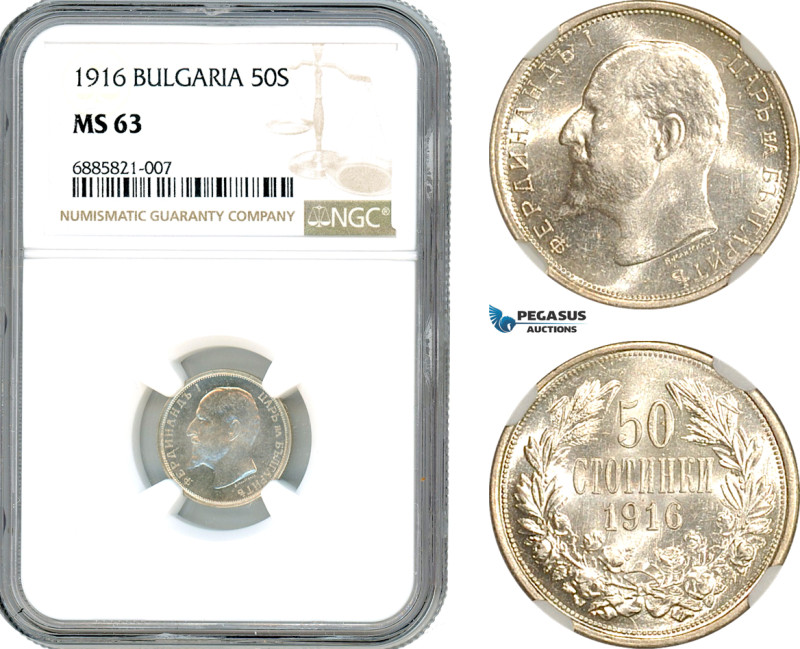 Bulgaria, Ferdinand I, 50 Stotinki 1916 (small beads), Kremnica Mint, Silver, KM...