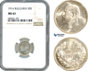 Bulgaria, Ferdinand I, 50 Stotinki 1916 (small beads), Kremnica Mint, Silver, KM# 30, Blast white, NGC MS63, Rare!