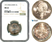 Bulgaria, Ferdinand I, 2 Leva 1913, Vienna Mint, Silver, KM# 32, Gun metal toning, NGC MS62