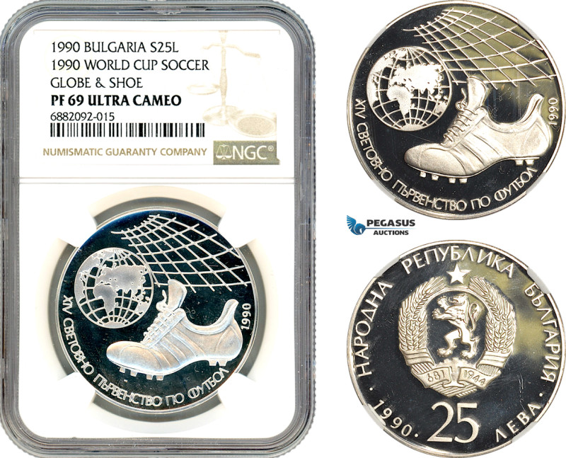 Bulgaria, 25 Leva 1990, World Cup Soccer, Globe & Shoe, Silver, KM# 191, NGC PF6...