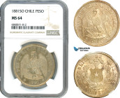 Chile, 1 Peso 1881 SO, Santiago Mint, Silver, KM# 142.1, Very lustrous, champagne toning, NGC MS64