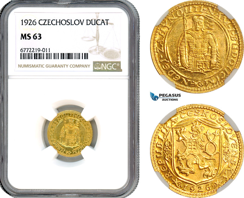 Czechoslovakia, Dukat 1926, Kremnica Mint, Gold, KM# 8, NGC MS63