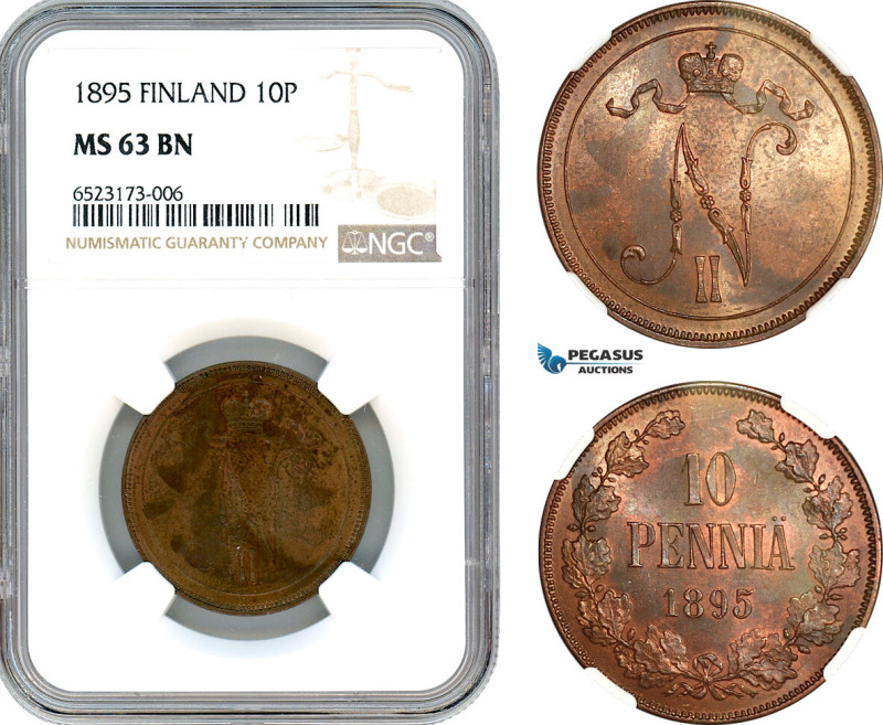 Finland, Nicholas II of Russia, 10 Penniä 1895, Bitkin 423, NGC MS63 BN