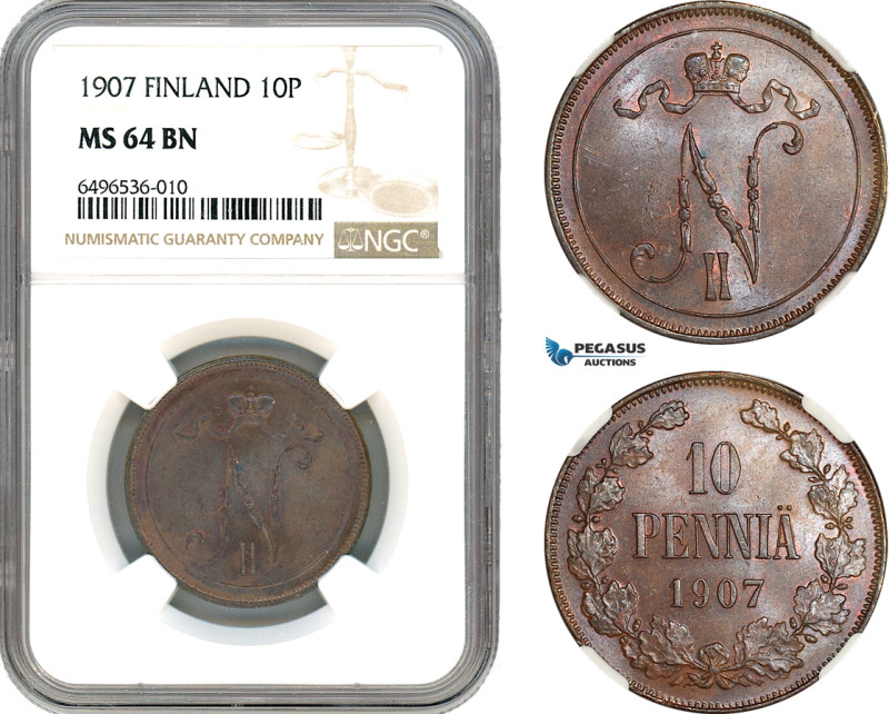 Finland, Nicholas II of Russia, 10 Penniä 1907, Bitkin 430, NGC MS64 BN