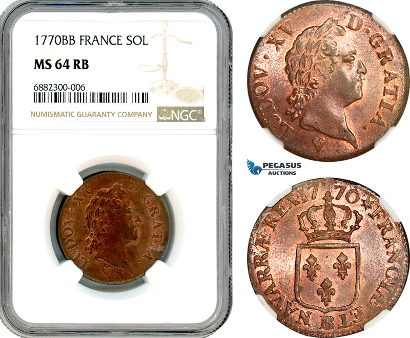 France, Louis XV, Sol 1770 BB, Strasbourg Mint, Gad 280, Exceptional condition, ...