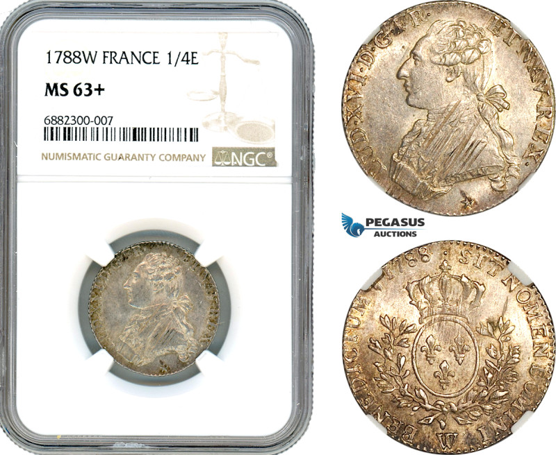 France, Louis XVI, 1/5 Ecu 1788 W, Lille Mint, Silver, Gad 354, Champagne toning...