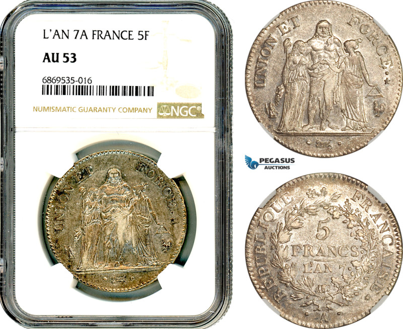 France, Consulate, 5 Francs L'AN 7 A (1798), Paris Mint, Silver, Gad 563, Rare c...