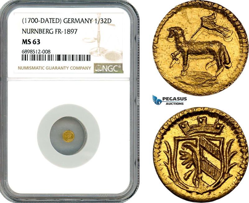 Germany, Nurnberg, 1/32 Dukat (Ducat) 1700, Gold, Fr-1897, NGC MS63