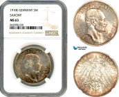 Germany, Saxony (Albertine Line) Friedrich Augustus III, 3 Mark 1910 E, Dresden Mint, Silver, KM# 1267, lustrous with amber toning, NGC MS63