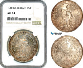 Great Britain, Trade Dollar 1908 B, Bombay Mint, Silver, KM# T5, Beautiful grey toning, NGC MS63