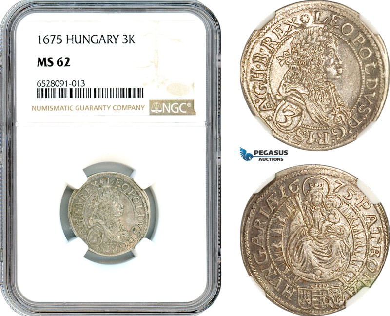 Hungary, Leopold I, 3 Kreuzer 1675, Pressburg Mint, Silver, Husz. 1441, NGC MS62...