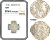 Hungary, Leopold I, 3 Kreuzer 1704 CM, Kassa Mint, Silver, Husz. 1479, Light toning, NGC MS64, Top Pop and single finest graded! Rare!