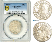 Hungary, Leopold I, 6 Kreuzer 1669/8 KB, Overdate, Kremnitz Mint, Silver, Husz. 1450, Blast white!, PCGS MS64